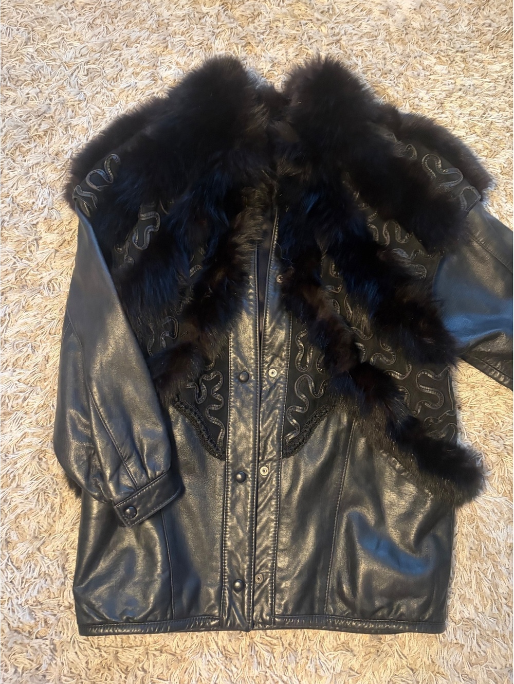 Vintage Black Leather Jacket  suede, Fur and Embroidery